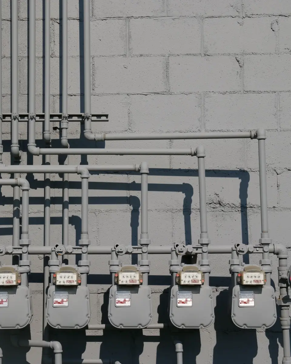 Gas meters and pipework on an outside wall